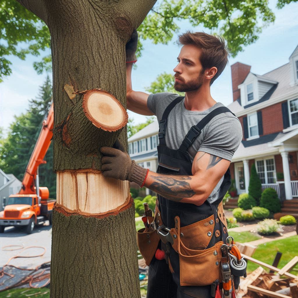 Tree removal expert performing maintenance on a typical Connecticut home's trees