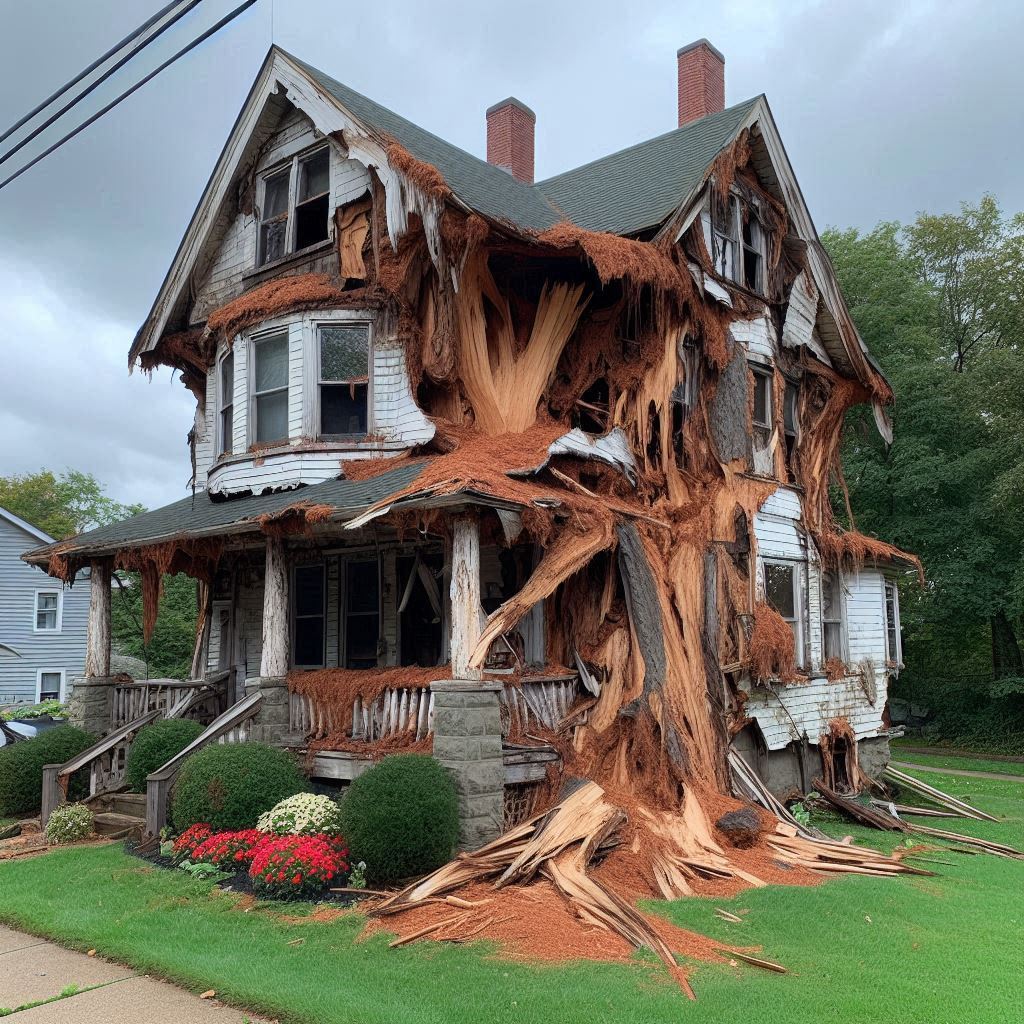 Damaged tree on an Sandy Hook home showing signs of disease and decay
